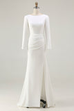 Ivory Boat Neck Long Sleeve Wedding Dress with Slit