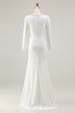 Ivory Boat Neck Long Sleeve Wedding Dress with Slit