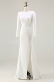Ivory Boat Neck Long Sleeve Wedding Dress with Slit