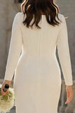 Ivory Bateau Neck Bodycon Ruched Satin Plus Size Wedding Dress with Slit