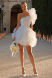 Ivory Tulle A Line One Shoulder Short Wedding Dress with Ruffles
