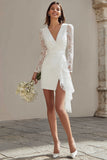 Ivory V-Neck Bodycon Ruched Lace Sleeves Short Wedding Dress with Slit