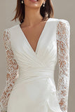 Ivory V-Neck Bodycon Ruched Lace Sleeves Short Wedding Dress with Slit