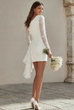 Ivory V-Neck Bodycon Ruched Lace Sleeves Short Wedding Dress with Slit