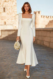 Ivory Square Neck Mermaid Crepe Long Sleeve Wedding Dress