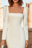 Ivory Square Neck Mermaid Crepe Long Sleeve Wedding Dress