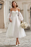 Ivory Tulle A Line Off the Shoulder Tea-Length Wedding Dress