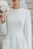 Ivory Crepe A Line Long Sleeves Midi Wedding Dress with Pockets
