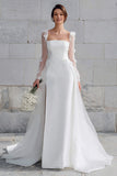 Ivory Square Neck A Line Sweep Train Wedding Dress with Flowers