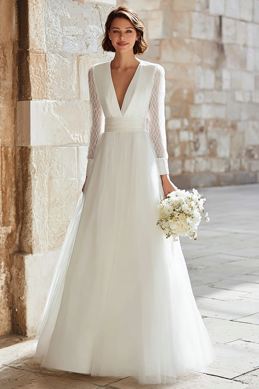 Zapaka Women Ivory A Line Wedding Dress with Tulle Deep V-Neck Long Bridal Dress with Sleeves ZAPAKA UK Zapaka Women Ivory A Line Wedding Dress with Tulle Deep V-Neck Long Bridal Dress with Sleeves ZAPAKA UK