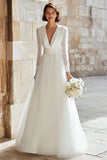 Ivory Long Deep V-Neck A Line Wedding Dress with Tulle
