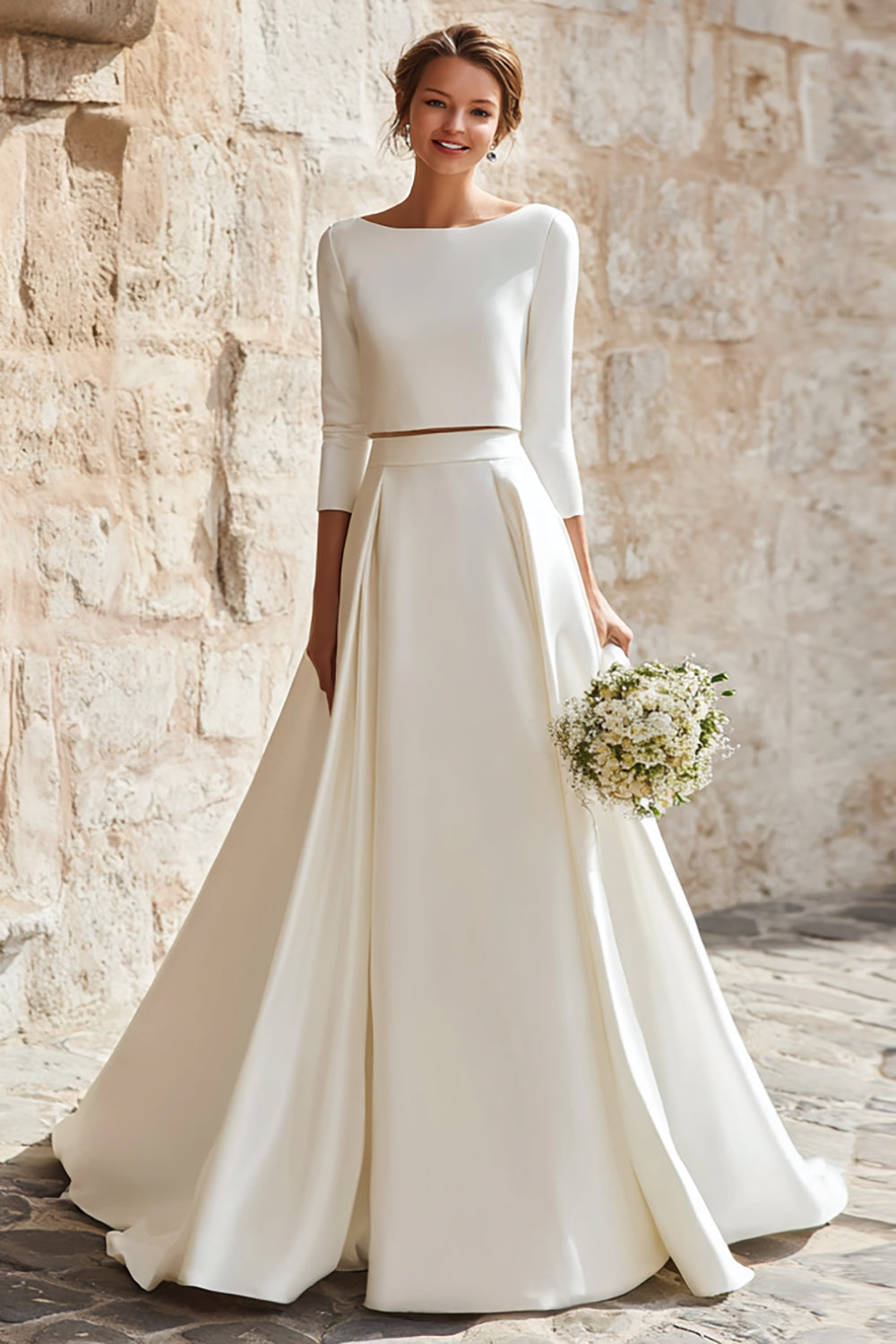 Zapaka Women Simple Ivory Satin A Line Wedding Dress 2 Piece Sweep Train Boat Neck Bridal Dress with Sleeves – ZAPAKA UK