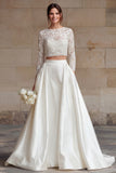 Ivory 2 Piece A Line Bateau Neck Wedding Dress with Lace