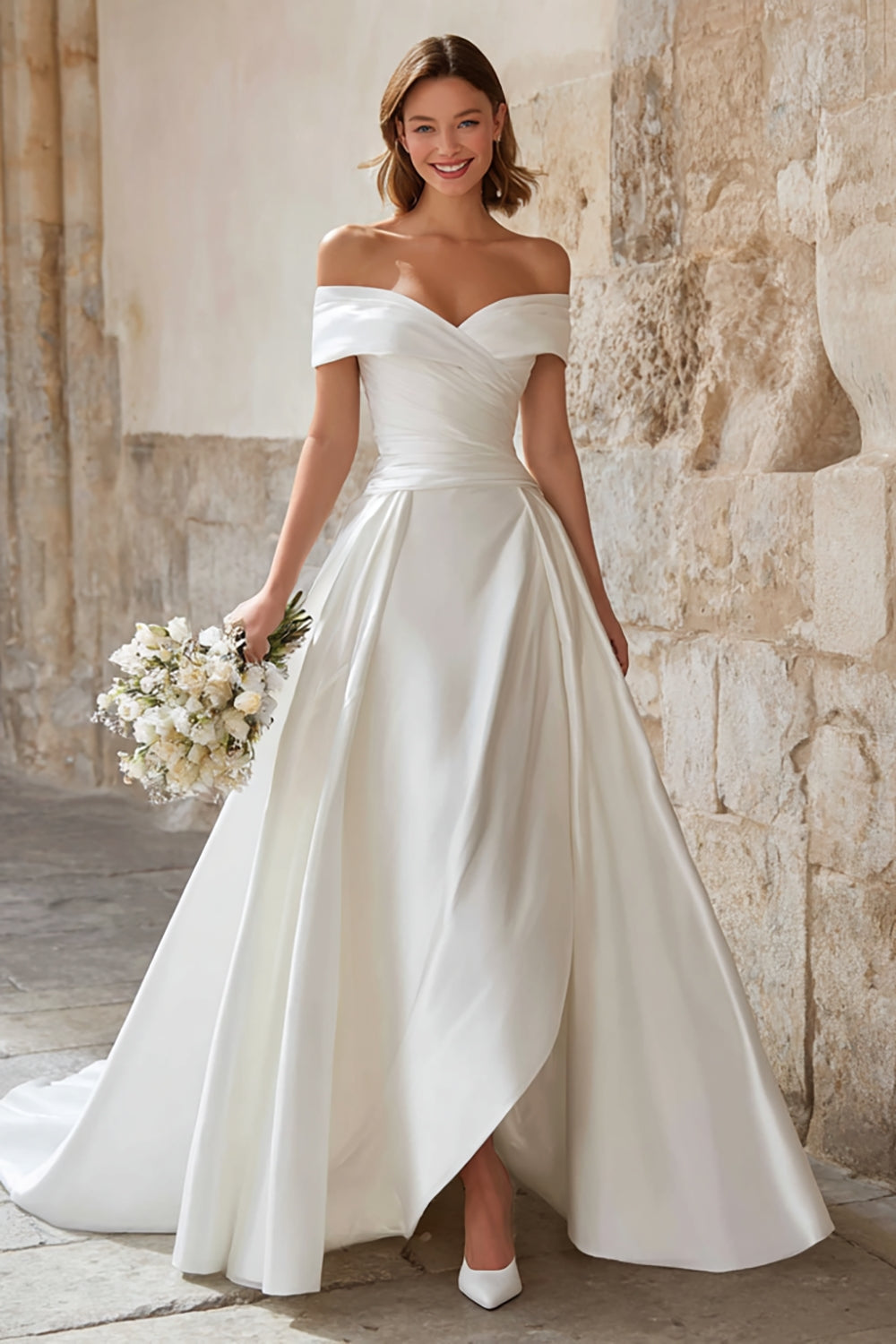 women satin a line wedding dress uk WD127 | Satin and Lace Gown