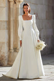 Simple Ivory Square Neck Sweep Train A Line Wedding Dress with Sleeves
