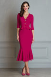 Fuchsia V Neck Mermaid Midi Work Dress with Sleeves