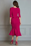 Fuchsia V Neck Mermaid Midi Work Dress with Sleeves