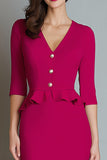 Fuchsia V Neck Mermaid Midi Work Dress with Sleeves