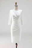Ivory Sheath Ruched Midi Work Dress with Half Sleeves