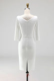 Ivory Sheath Ruched Midi Work Dress with Half Sleeves