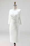Ivory Sheath Ruched Midi Work Dress with Half Sleeves