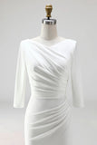 Ivory Sheath Ruched Midi Work Dress with Half Sleeves