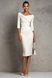 Ivory Sheath Ruched Midi Work Dress with Half Sleeves