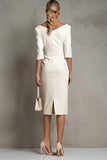 Ivory Sheath Ruched Midi Work Dress with Half Sleeves