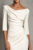 Ivory Sheath Ruched Midi Work Dress with Half Sleeves