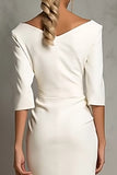 Ivory Sheath Ruched Midi Work Dress with Half Sleeves