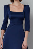 Square Neck Satin Navy A Line Midi Work Dress