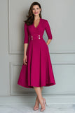 Fuchsia V Neck A Line Satin Midi Work Dress