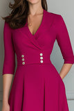 Fuchsia V Neck A Line Satin Midi Work Dress