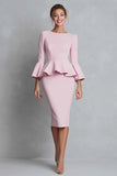 Pink Ruffled Sheath Work Dress with Long Sleeves