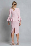 Pink Ruffled Sheath Work Dress with Long Sleeves
