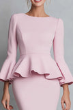 Pink Ruffled Sheath Work Dress with Long Sleeves