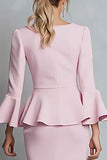 Pink Ruffled Sheath Work Dress with Long Sleeves
