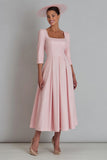 Pink Square Neck A Line Satin Work Dress with Sleeves