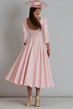 Pink Square Neck A Line Satin Work Dress with Sleeves