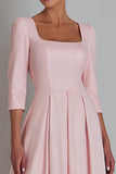 Pink Square Neck A Line Satin Work Dress with Sleeves