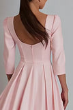 Pink Square Neck A Line Satin Work Dress with Sleeves