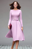 Lilac Round Neck A Line Midi Work Dress with Belt