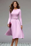 Lilac Round Neck A Line Midi Work Dress with Belt