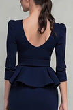 Navy Ruffled Square Neck Sheath Midi Work Dress