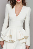 Ivory V Neck Ruffled A Line Midi Work Dress
