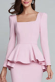 Pink Ruffled Sheath Square Neck Midi Work Dress