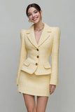 Light Yellow 2 Piece Notched Lapel Pencil Tweed Short Blazer Dress with Sleeves