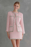 2 Piece Pink Tweed Bodycon Long Sleeves Short Work Suits