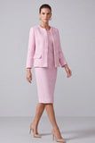 Pink Sheath Tweed 2-piece Long Sleeve Work Dress
