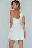 One Shoulder A Line Ruched Little White Dress